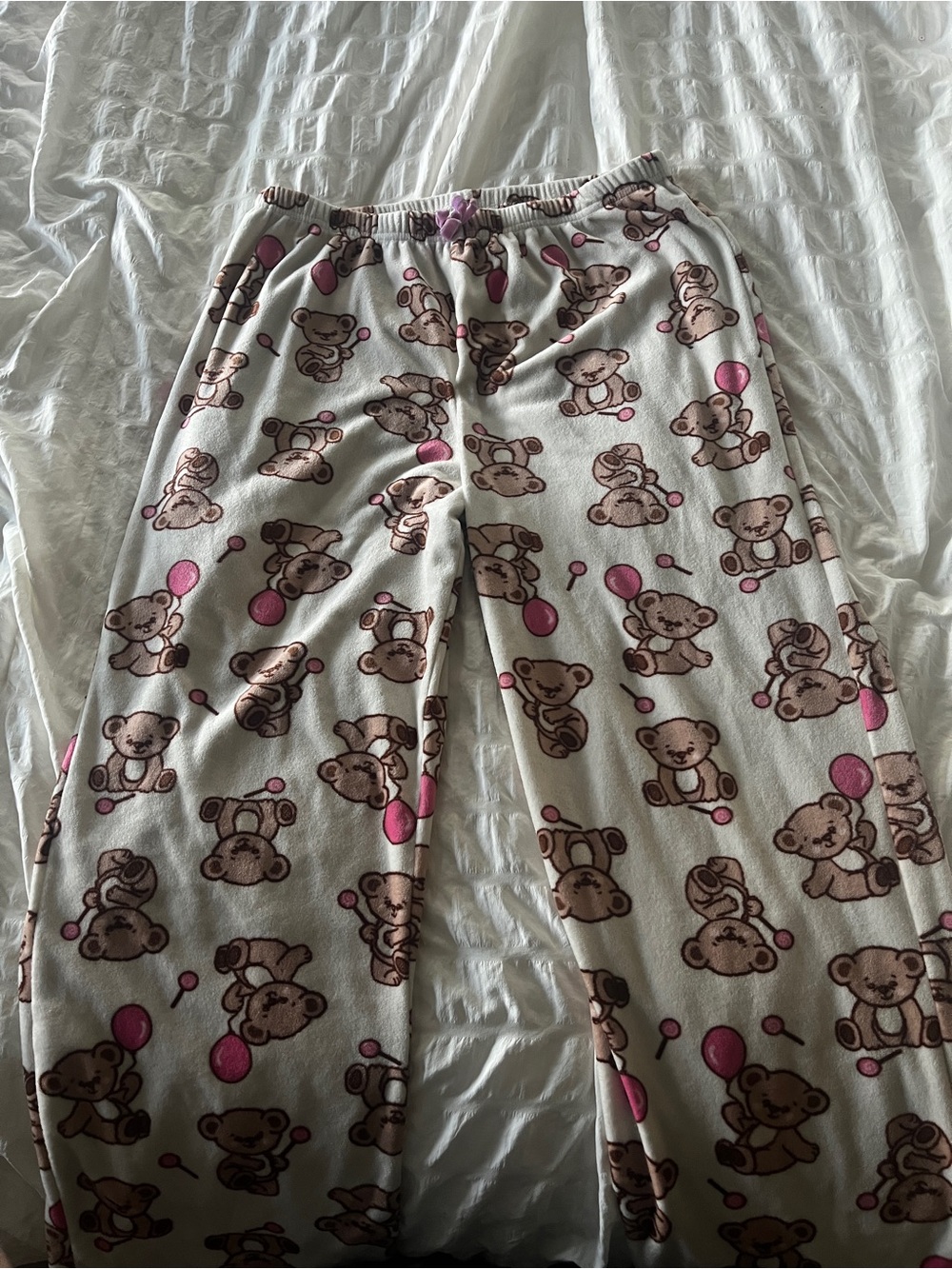 Kids Teddy Bear Print Fleece Pajama Pants - Pink on Cream